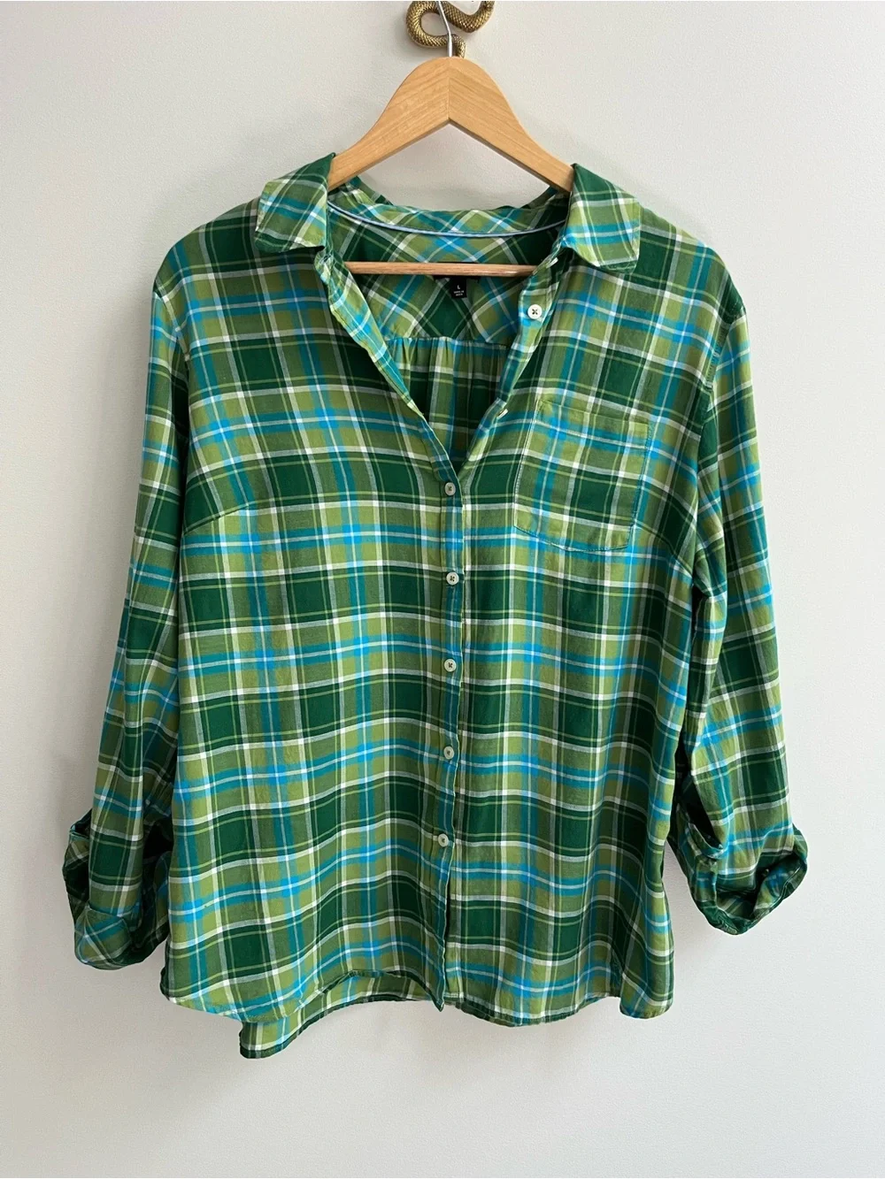 Talbots Plaid Cotton Button Down Convertible Sleeve Shirt Green Blue L